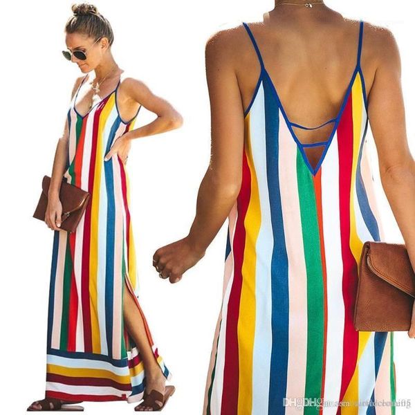 

long casual long split up designer dresses rainbow striped women dress v-neck spaghetti strap, Black;gray