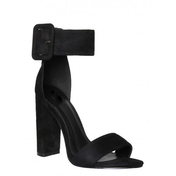 

2020 summer new word buckle high-heeled sandals matte leather thick heel sandals open toe large size women's shoes, Black