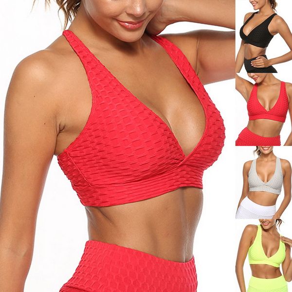 

aclofe women yoga sports bra deep v fitness push up workout bras solid activewear female bubble bra cross back fashion, White;black