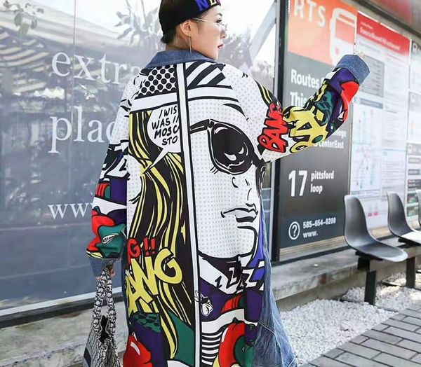 

high street cartoon long style denim jacket plus size loose patchwork autumn cardigan turn down irregular outfit, Black;brown