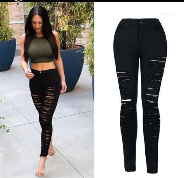 

pencil pants black jeans pocket popular streetwear plus size scratched spilt hole womens jeans summer skinny stretch womens, Blue