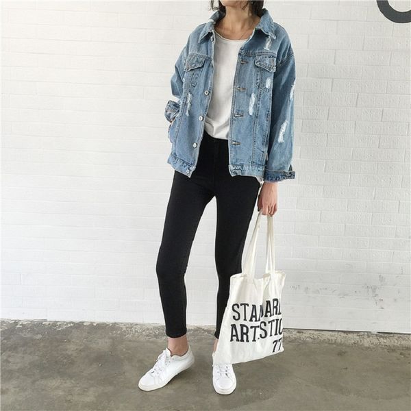 

jeans jacket women casacos feminino slim ripped holes denim jacket femme elegant vintage bomber 2020 casual basic coats, Black;brown