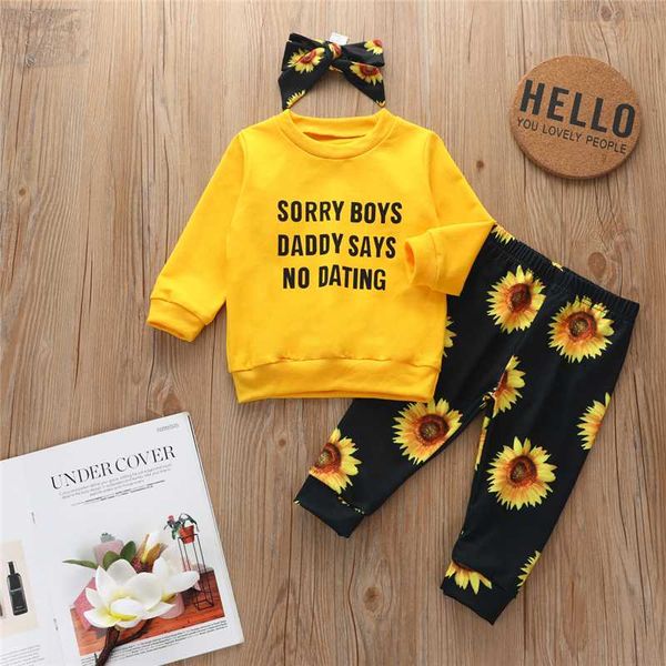 

clothing sets 3 pieces baby suit set letter round neck long sleeve t-shirt+ sunflower pants+ headband yellow, White