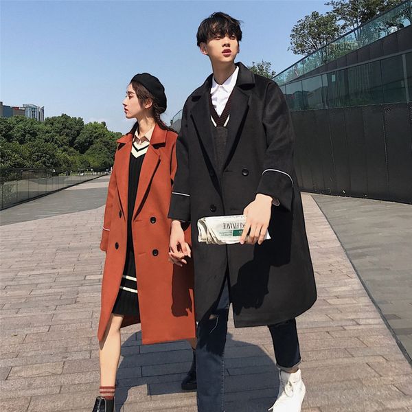 

2020 winter new korean version of the loose trend couple thickening street buttons in the long section casual wool coat, Black