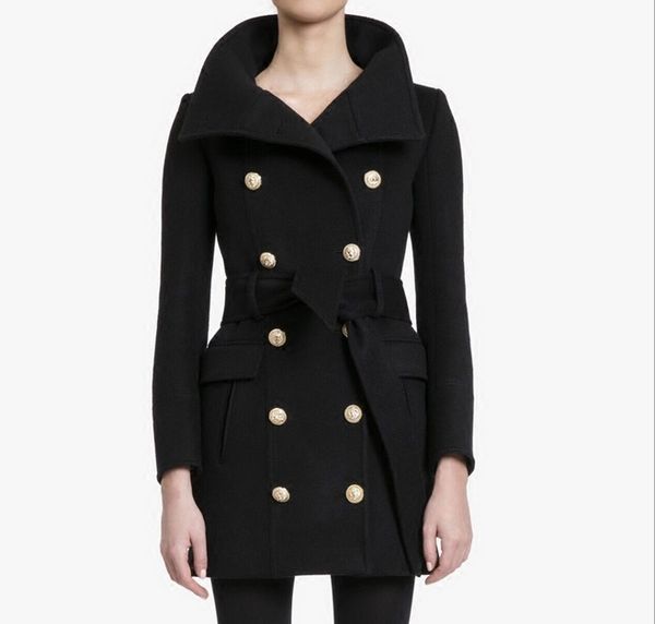 

new with label brand b original design women's double-breasted metal buckle woolen coat slim long jacket, Black