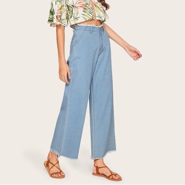 

women wide leg jeans casual loose long pants high waist denim trousers sweet girls tassel party plus size streetwear pant, Blue