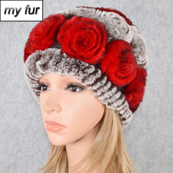 

2020 winter rex fur hat women knitted 100% natural rex fur flowers beanies hats warm soft real caps, Blue;gray