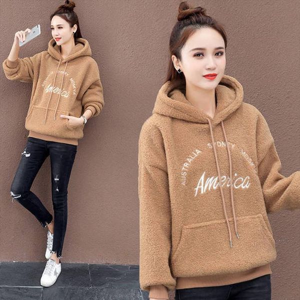 

thick imitation sheep ladies autumn and winter hooded sweatshirt loose letter embroidered hooded warm pullover sweatshirt, Black