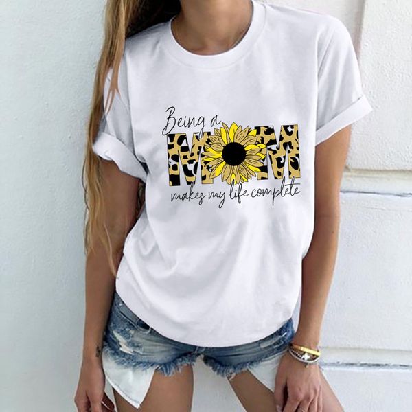 

popular 2020 european and american cross-border spring and summer new womens letter chrysanthemum printed round neck short-sleeved t-shirt, White