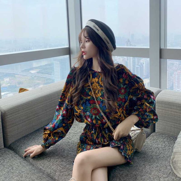 

casual dresses ichoix 2021 fashion lantern sleeve fall dress slim short floral for women office lady wear flower party, Black;gray