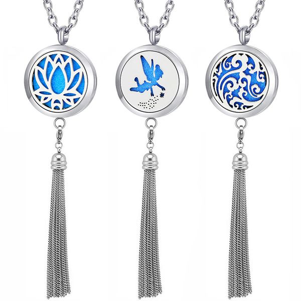 

new fashion 316l stainless steel perfume diffuser lockets necklace 30mm aromatherapy necklace with tassel (with felt pads, Silver