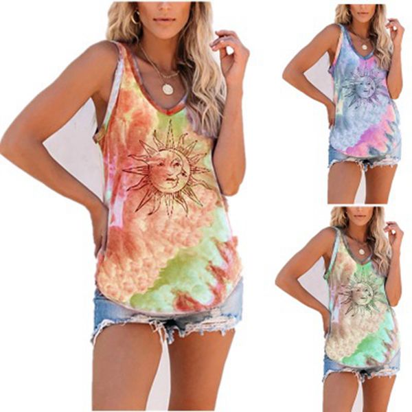 

camis trend spot 2021 women's summer style tie-dye color cloud sun flower sleeveless vest t-shirt, White