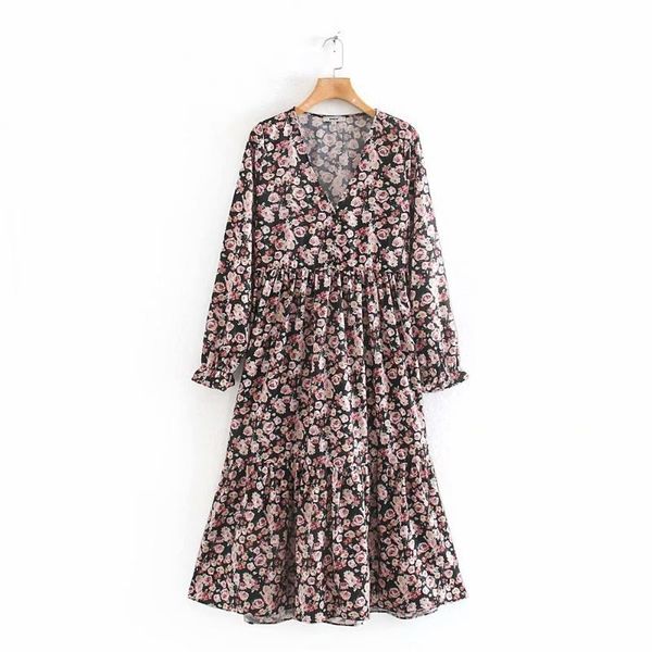 

casual dresses pube2021 autumn women's v-neck long sleeve printed a-line dress loose elastic medium length 09392344, Black;gray