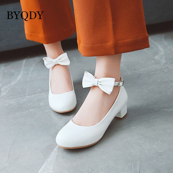 

byqdy japan woman lolita shoes cosplay sweet bowtie ankle straps square heels round toe pumps soft pu leather all-match shoes, Black