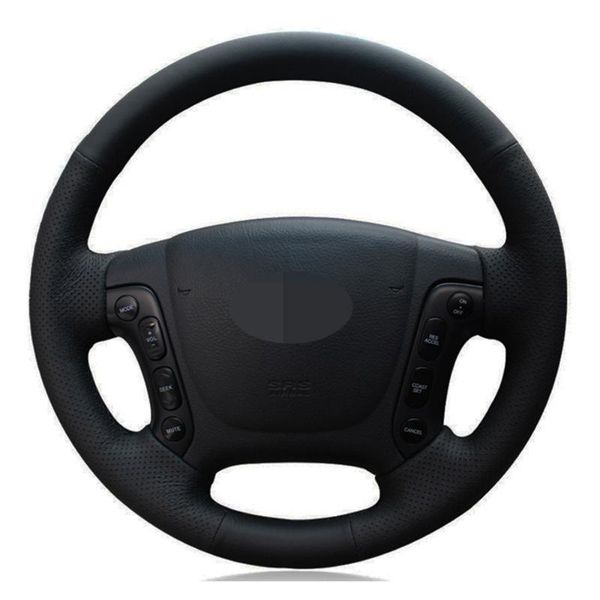 

car steering wheel cover diy hand-stitched black genuine leather for santa fe 2006 2007 2008 2009 2010 2011 2012