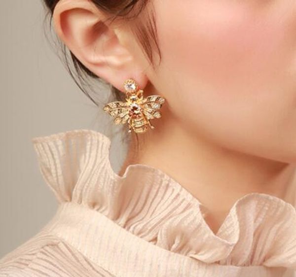 

charm insect bee dangle earrings shining cubic crystal rhinestone eardrop ear studs for women girl fashion accessories jewelry, Golden;silver