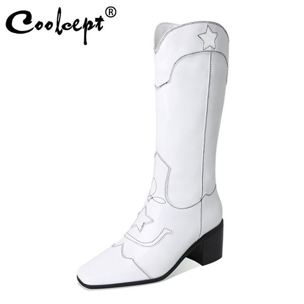 

coolcept woman high heel boots real leather patchwork work knee high boots woman cool fashion winter shoes size 34-43, Black