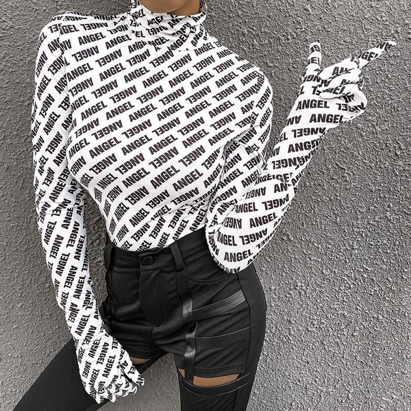 

2020 fall fashion angel printed black women designer long sleeve high neck t-shirt with gloves female crop streetwear, White