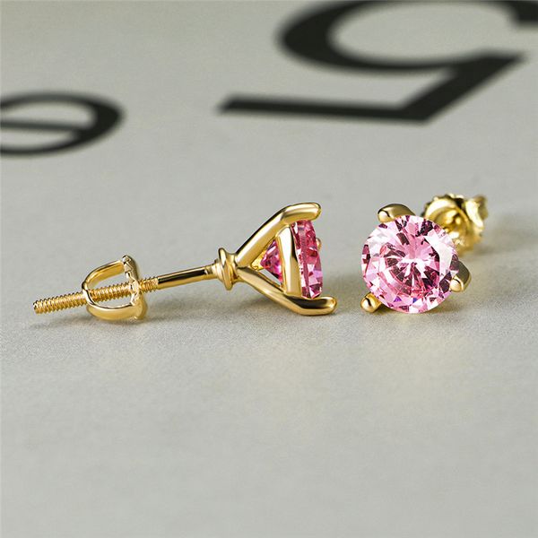 

rongxing dainty three prong pink zircon stud earrings for women gold/rose gold filled crystal earrings engagement jewelry, Golden;silver