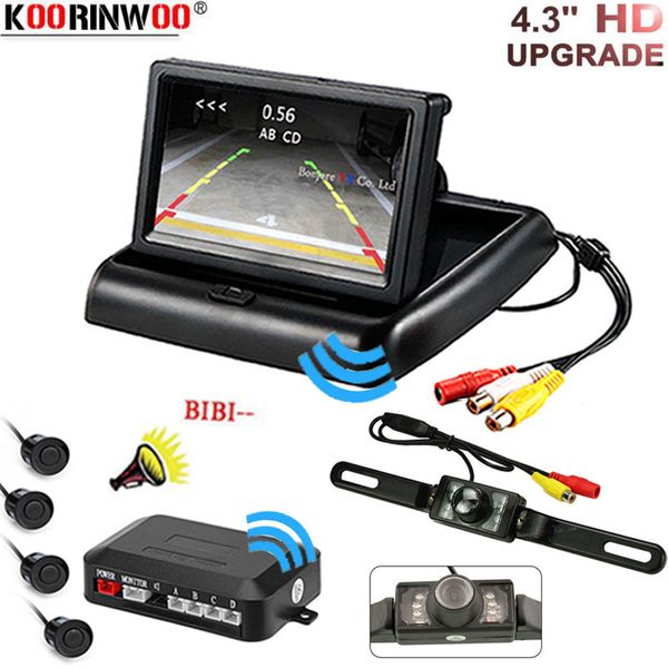 

koorinwoo wireless car parking 4 sensor kit buzzer radar indicator probe system foldable monitor license plate rear view camera