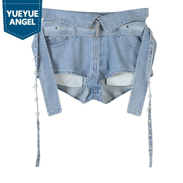 

casual denim shorts womens sashes high waist irregular short jeans streetwear new summer harajuku fashion female clothes, Blue