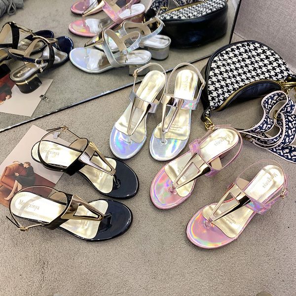 

bling new arrival in 2020 bright leather sandals female buckle metal decorative flip flops sandals ladies low heel casual shoes, Black