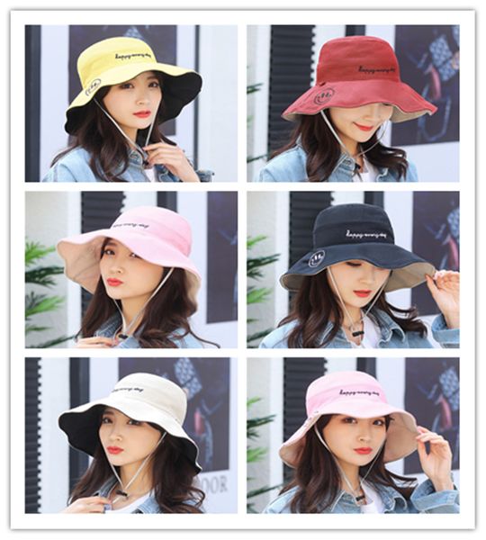 

ms big along the edge of the embroidery smile in spring and summer beach hat sunscreen costume cotton and linen wind rope sunshade cap, Blue;gray