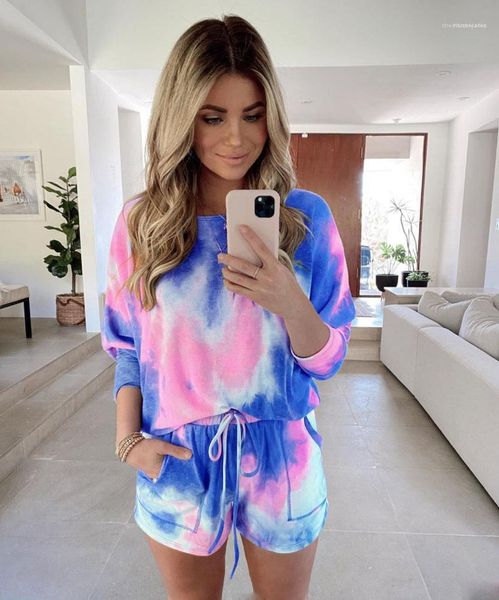 

шорты прохладный двухкусочный брюки tie dye сыпучие женщин комплекты с коротким рукавом drawsting o-шея повседневная женщины 2pcs, White
