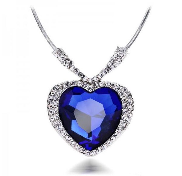 

quality austrian crystal classic movie blue heart pendant necklace + rhinestones charms women summer girls fashion jewerlry, Silver