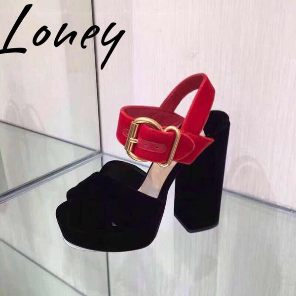 

ollymurs summer velvet platform high heel sandals buckle strap thick heel chunky high sandals, Black