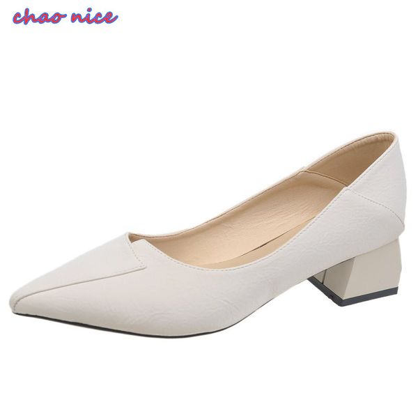 

2020 autumn pointed high heel all-match thick heel single shoes women's mid-heel work shoes women black two-wear leather