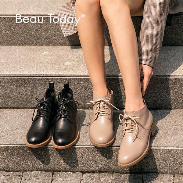 

beautoday ankle boots women genuine cow leather cross-tied round toe british autumn winter lady fashion boots 03616, Black