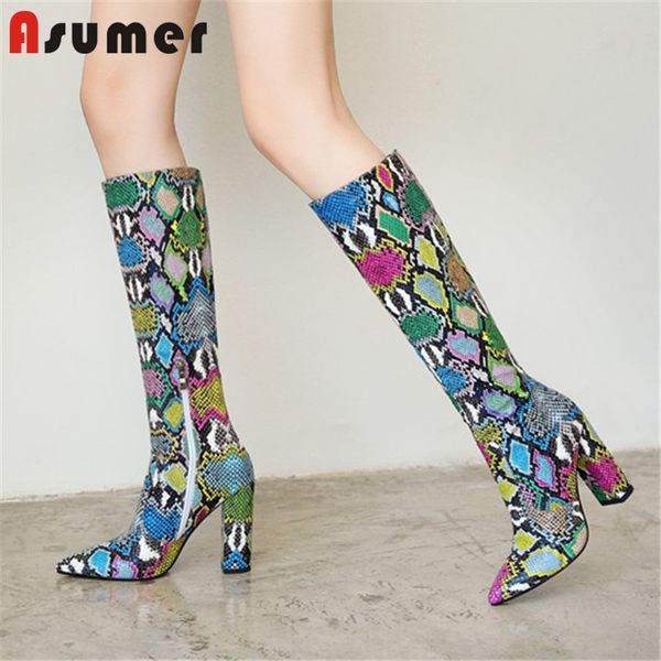 

boots asumer 2021 arrive women knee high pointed toe zipper snake 10cm heel party shoes ladies autumn winter, Black