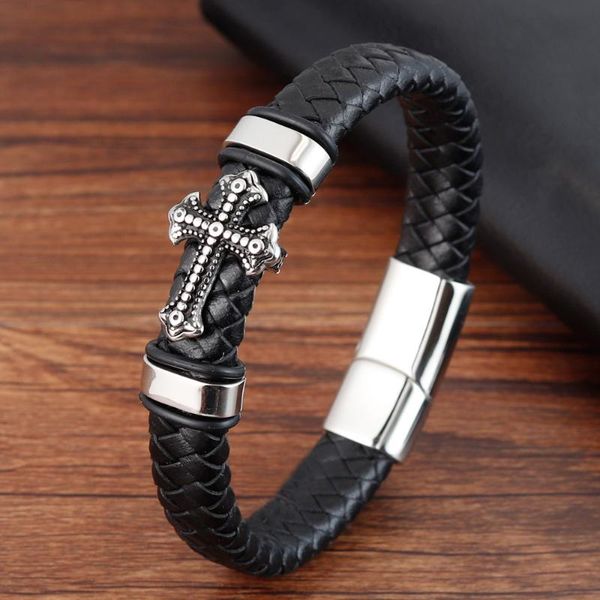 

classical multi-layer handmade leather chain weaved man bracelets fashion new magnet clasp 316l stainless steel wristband cross, Golden;silver