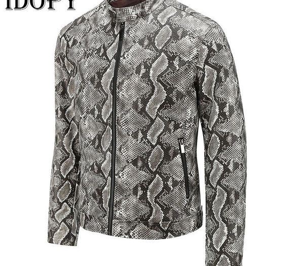 

idopy autumn and winter funky jackets style men's leisure washed snakeskin pattern leather coat, Black;brown