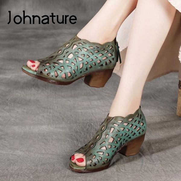 

johnature women sandals retro genuine leather women shoes 2020 new summer zip sewing handmade casual concise ladies sandals, Black