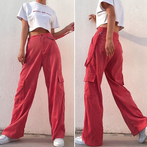 

corduroy wide leg pants women casual loose pockets hip hop streetwear trousers with ribbon cargo pants, Black;white
