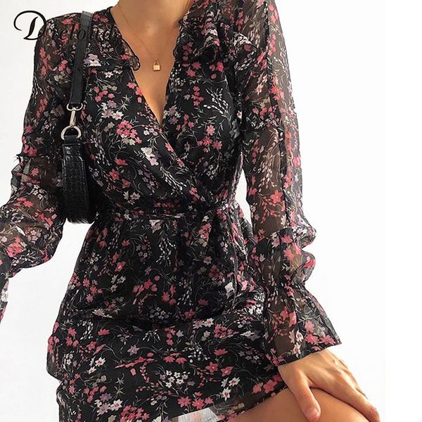 

boho black floral print ruffle dress spring autumn women elegant party holiday a line ladies fashion clothing kg-906, Black;gray