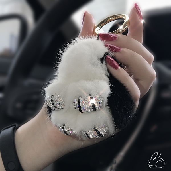 

cute cartoon fur diamond crystal pom pom keychain handbag car keyring women fluffy key pendant car buckle charm, Silver