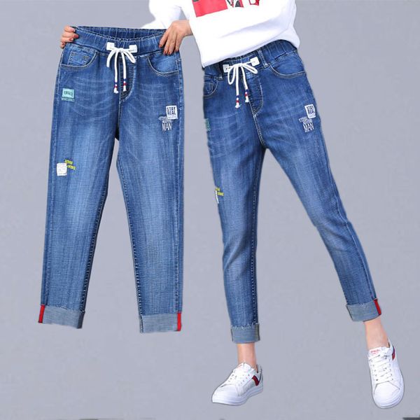 

women's jeans plus size ankle-length denim pants fashion embroidered elastic waist boyfriend women casual pencil p116, Blue