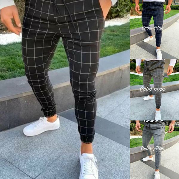 

mens casual slim fit pants sport tracksuit skinny joggers sweatpants stretch trousers plaid men, Black