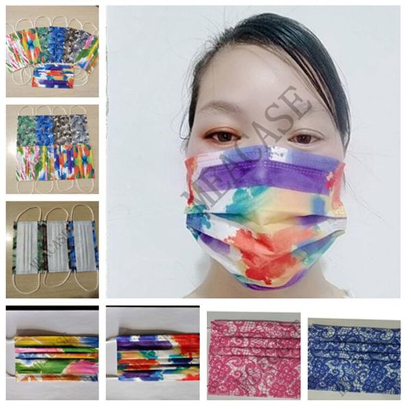 

adults fashion face mask disposible non-woven designer masks color tie dye plaid camo lace mask protective mouth cover haze masks d81004, Blue