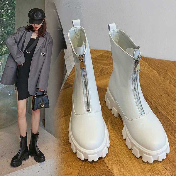 

2020 genuine leather platform shoes woman winter ankle boots fashion zippers party chunky high heels boots size 41 42, Black