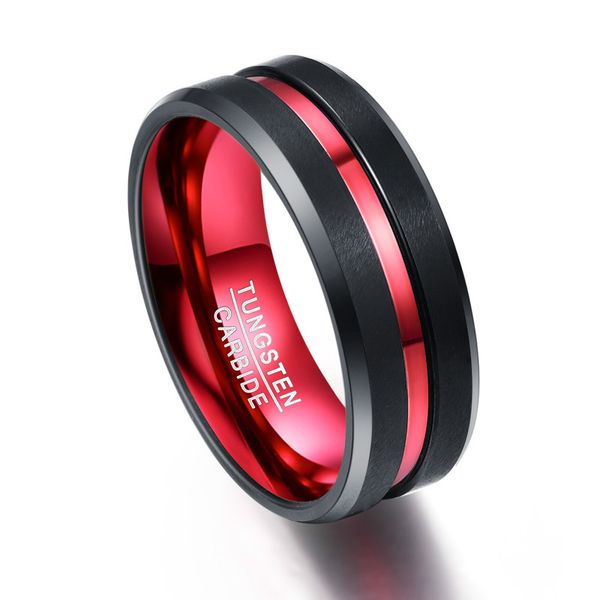 

junerain brand designer 8mm wide never fade tungsten steel rings with groove red men's engagement wedding band ring, Silver