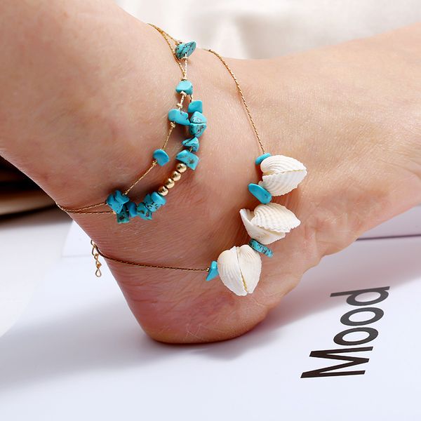 

2020 new anklet creative retro beach sequined shell beads push-pull anklet set of 3 pieces, Red;blue