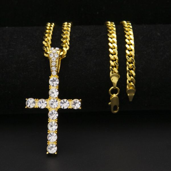 

hip hop gold silver iced out bling cross pendant chains for mens jewelry with stainless steel cuban link twist chain necklace