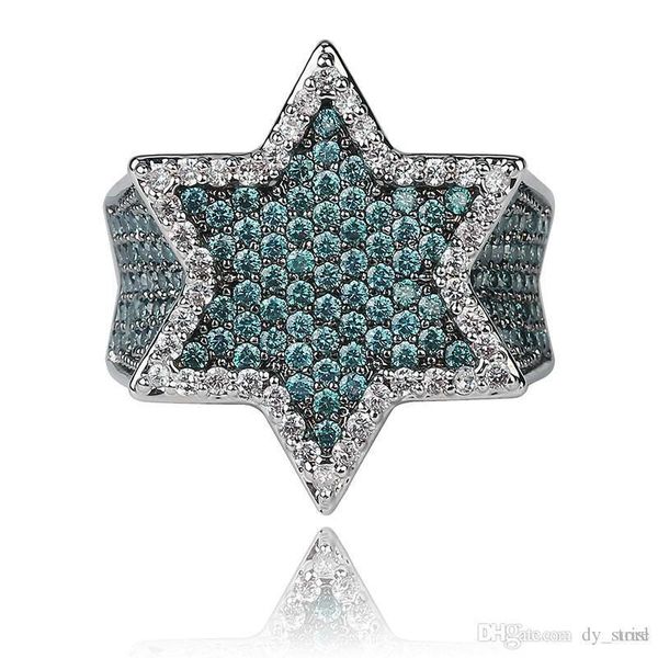 

new iced out full cubic zircon franklin mint green gemstone men's hexagonal star gold ring hiphop jewelry gift, Silver
