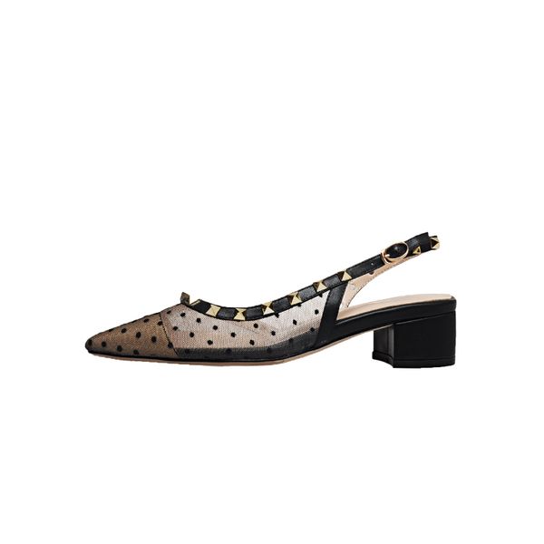 

fericzot fashion pointed toe square heel sandals rivet pumps women shoes grenadine air mesh sandals elegant casual shoes, Black