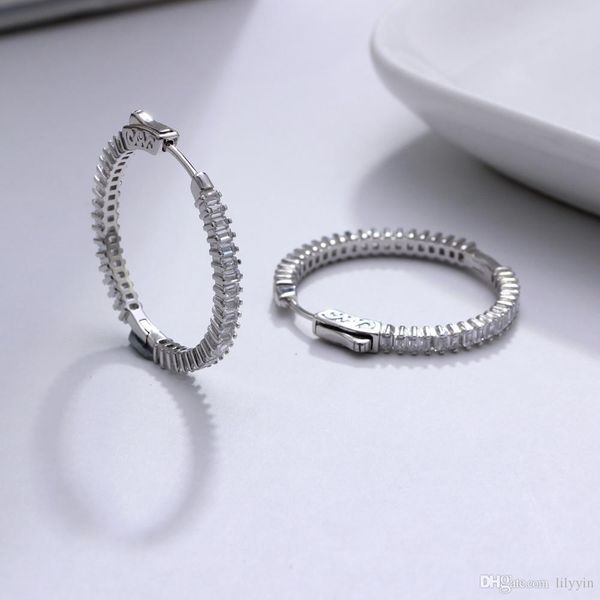 

deczign deluxe women hoop earrings square cut sparkling zirconia 925 sterling silver wedding style jewelry se20039r, Golden;silver