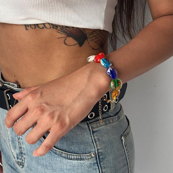 

lalynnly colorful glass bracelets bangles heart round shaped chain bracelet flower pattern bohemian statement jewelry b1126, Golden;silver